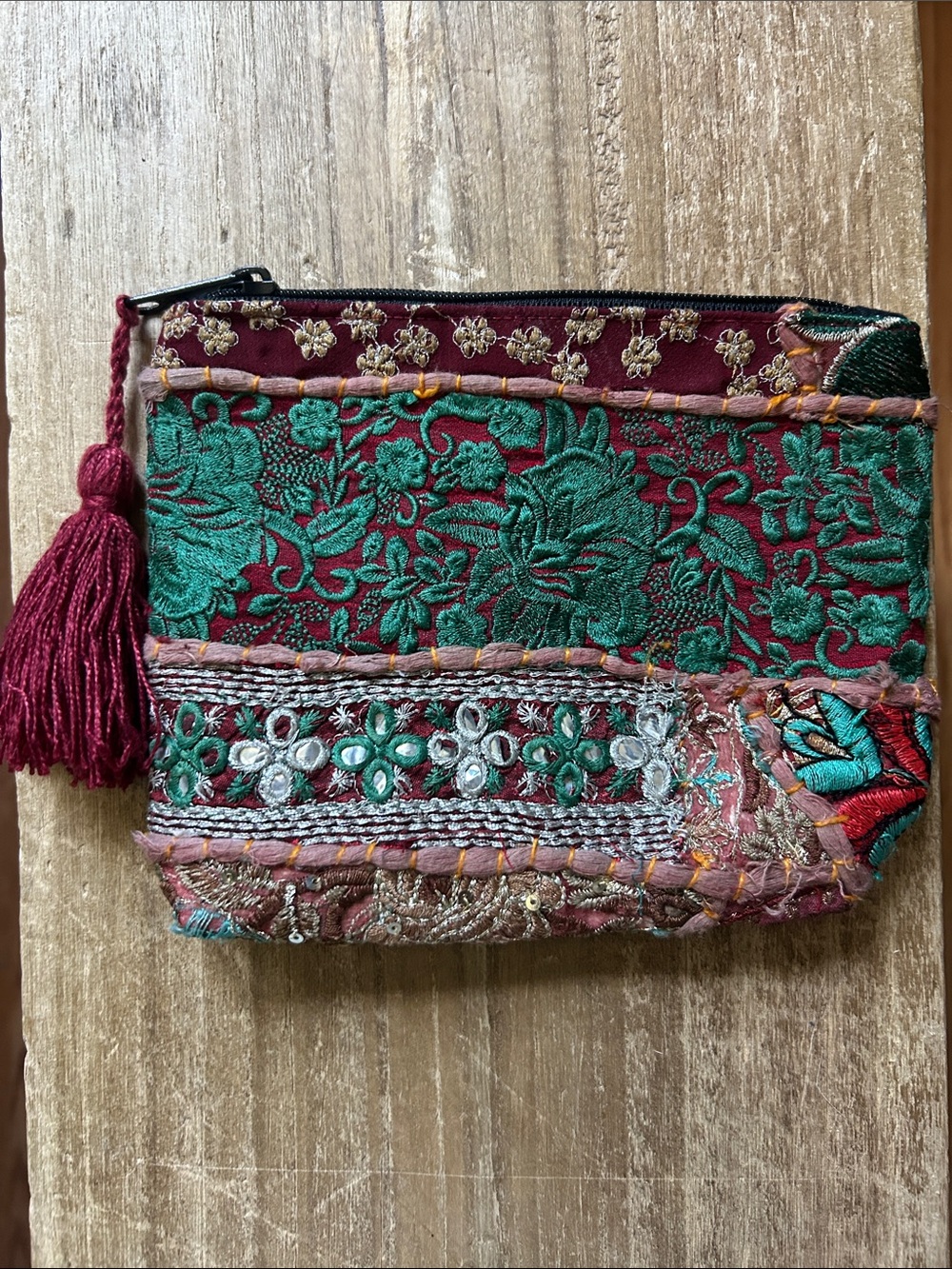 World Market Boho Embroidered  Zip Pouch in Burgundy and Teal